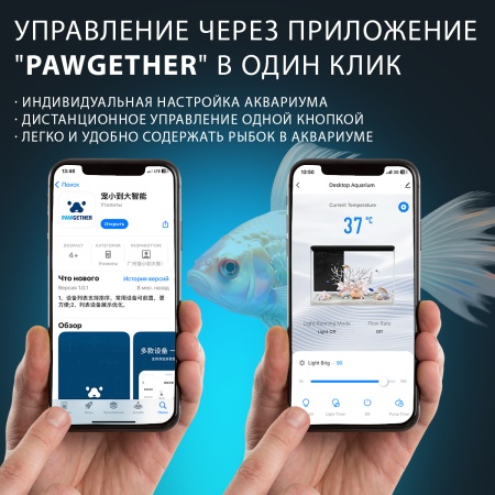 Аквариум Pawgether GR1S 14 л, WI-FI, с фильтром и LED-лампой, черный
